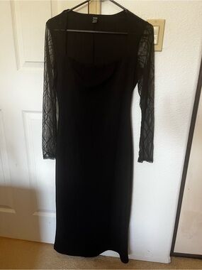 Black Long-Sleeve Mesh Midi Dress